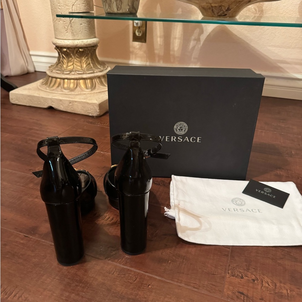 Authentic Versace Logo Platform Sandals Black Pat… - image 3